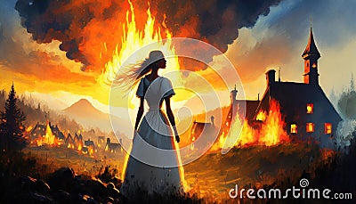 silhouette of woman looking at burning houses Stock Photo