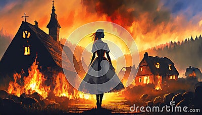 silhouette of woman looking at burning houses Stock Photo