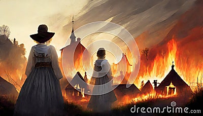 silhouette of woman looking at burning houses Stock Photo