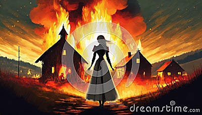 silhouette of woman looking at burning houses Stock Photo