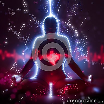 Silhouette of a woman in lotus meditation position with shining heart doing kundalini yoga Stock Photo