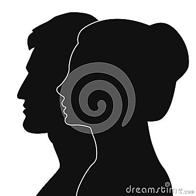 Profile of a woman with a silhouette of a man. Vector illustration. Ð¡oncept of gender relations. Silhouette of face. Vector Illustration