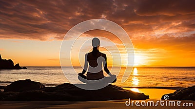 Silhouette Of Woman Meditating At Sunrise On Beach Stock Photo