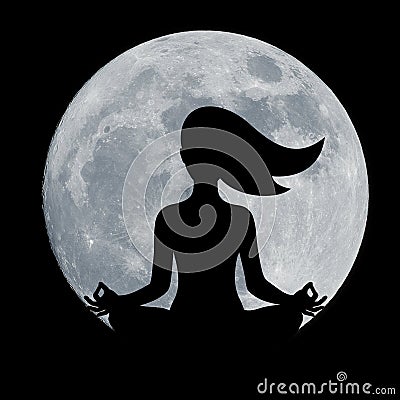 Silhouette woman performing yoga in front of full moon at night Stock Photo