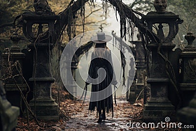 silhouette of a woman in a pointed hat walking through an eerie, abandoned graveyard on Halloween Stock Photo