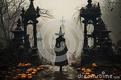 silhouette of a woman in a pointed hat walking through an eerie, abandoned graveyard on Halloween Stock Photo