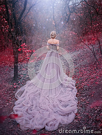 Silhouette woman queen in Autumn forest magic trees red leaves. blonde princess Stock Photo