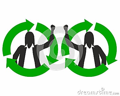 Silhouette of a woman with raised hand in the fight for the conservation of ecology inside the green symbol of ecology. Stock Photo