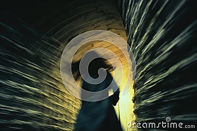 A silhouette of a woman running, fleeing from something, through a tunnel. View from behind. AI generated image Stock Photo