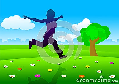 Silhouette of woman running on meadow Vector Illustration