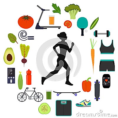Silhouette of a woman running, surrounded by icons of healthy food, vegetables and sports equipment for different sports. Healthy Cartoon Illustration