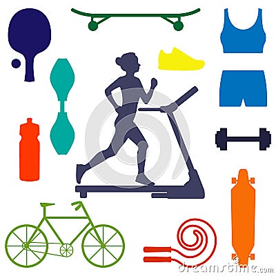 Silhouette of a woman running on treadmill, surrounded by icons of sports equipment for different sports. Healthy lifestyle illust Cartoon Illustration