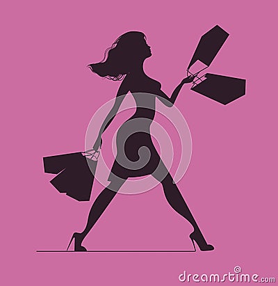 Silhouette of woman with shopping bags. Vector Illustration