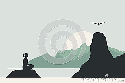 Woman sitting on a rock as mindfulness, meditation, or yoga concept Vector Illustration
