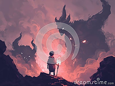 Silhouette of a woman standing on the edge of a cliff and looking at the fire. Generative AI Cartoon Illustration