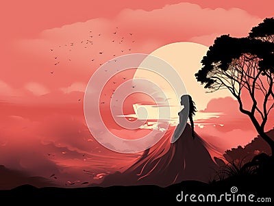 silhouette of a woman standing on a hill with the sun in the background Stock Photo