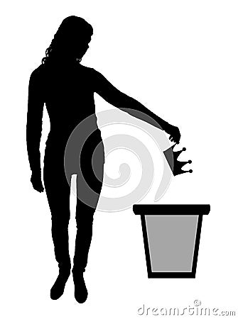 Silhouette of a woman throwing a crown in a garbage bin Stock Photo