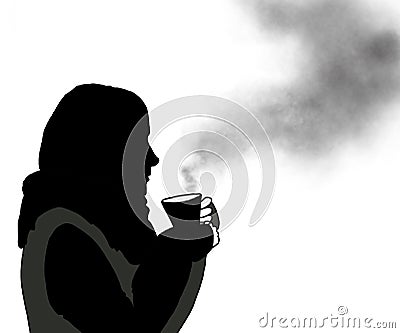 Silhouette of a woman in warm clothes, holding a mug of hot drink in her hands. Steam comes from the mug. Stock Photo