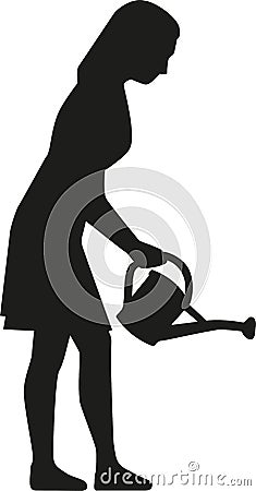 Silhouette of woman watering flowers with can Vector Illustration