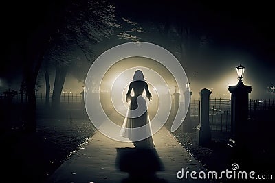Silhouette of a woman in a white dress walking in the cemetery at night Stock Photo