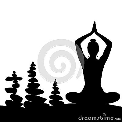 Silhouette of woman in yoga posture and balanced stones Vector Illustration