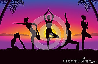 Silhouette of women group posing different yoga posture Vector Illustration
