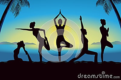 Silhouette of women group posing different yoga posture Vector Illustration