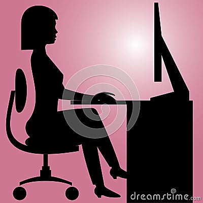Silhouette of a women sitting working at the computer with color background Vector Illustration