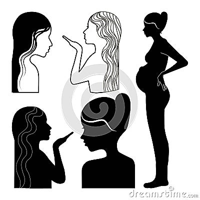 Silhouette womens profile pregnant kiss set Vector Illustration