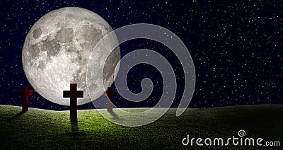 Silhouette wooden cross on hill with full moon and night sky in background. Stock Photo