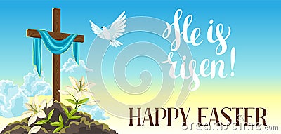 Silhouette of wooden cross with shroud, dove and lilies. Happy Easter concept illustration or greeting card. Religious Vector Illustration