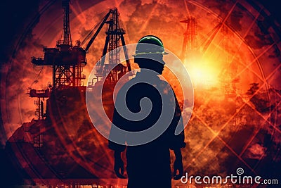 A silhouette of a worker in a hard hat standing in front of an oil rig, overlaid with an image of a globe, symbolizing the global Stock Photo