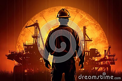 A silhouette of a worker in a hard hat standing in front of an oil rig, overlaid with an image of a globe, symbolizing the global Stock Photo