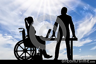 Silhouette worker supports and helps a disabled woman Stock Photo