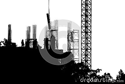 Silhouette worker team black and white working construction site with copy space add text Stock Photo