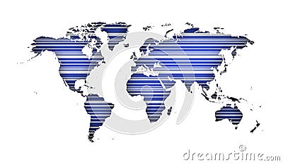 Silhouette of World map with blue stripes over white background Stock Photo