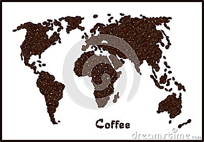 Silhouette of world map made from coffee beans with highlighted Brazil. Coffee lettering. Vector Illustration