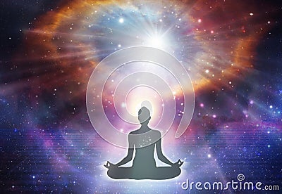 Silhouette yoga meditation, universe, nebula, healing, human body energy beams Stock Photo