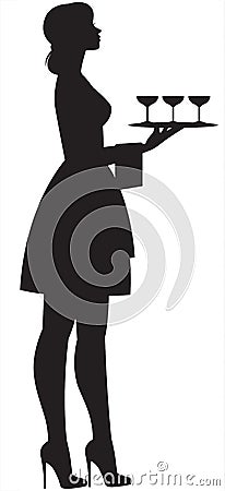 Silhouette of a young beautiful slender waitress with a tray and glasses in hand Vector Illustration