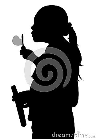 A Silhouette of a young girl blowing bubbles Vector Illustration