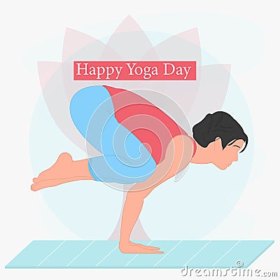 Silhouette of a young girl doing yoga Crow pose asanas for education sport with flower background Vector Illustration