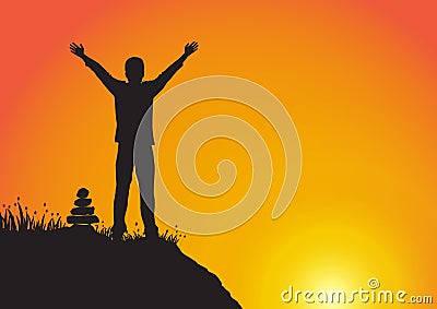 Silhouette of young man with arms up with cheerful on golden sunrise background, successful life concept Vector Illustration