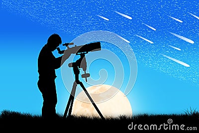 Silhouette of young man looking through a telescope Stock Photo