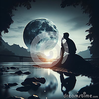 silhouette of a young man at night sitting on a stone next to a lagoon Stock Photo