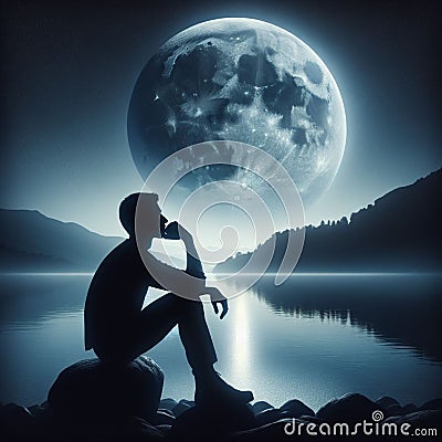 silhouette of a young man at night sitting on a stone next to a lagoon, Stock Photo