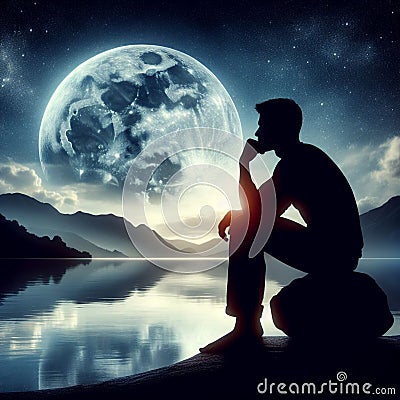 silhouette of a young man at night sitting on a stone next to a lagoon Stock Photo