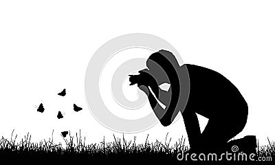 Silhouette of a young man photographing flying butterflies in a Vector Illustration