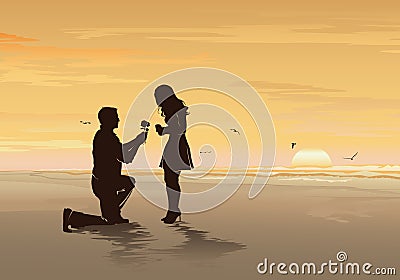 Silhouette of young man with rose proposing to his beloved on the sea beach, Romantic date, Wedding and Valentines day concept Vector Illustration