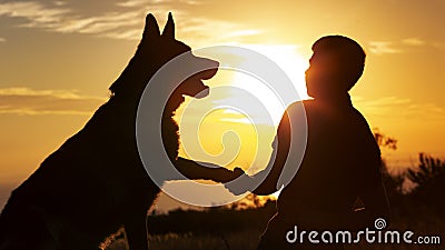 Silhouette of a young man shaking paw his favorite dog in a field at sunset, boy with a purebred pet German Shepherd walking on Stock Photo