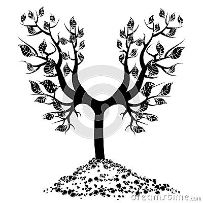 Silhouette of young tree with roots in pile of soil isolated on white. Design element Vector Illustration